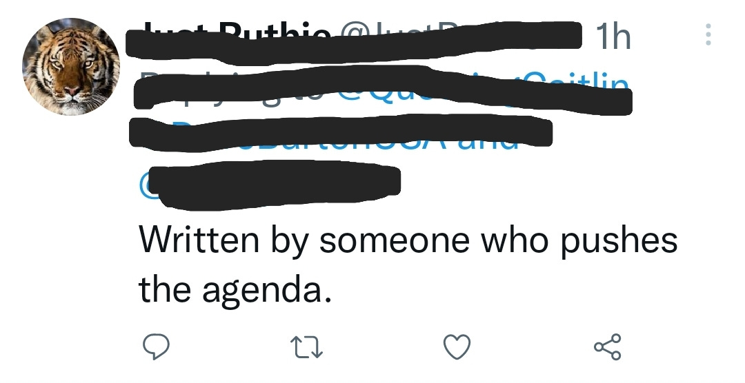 tweet referring to supporting gender-affirming care as pushing an agenda