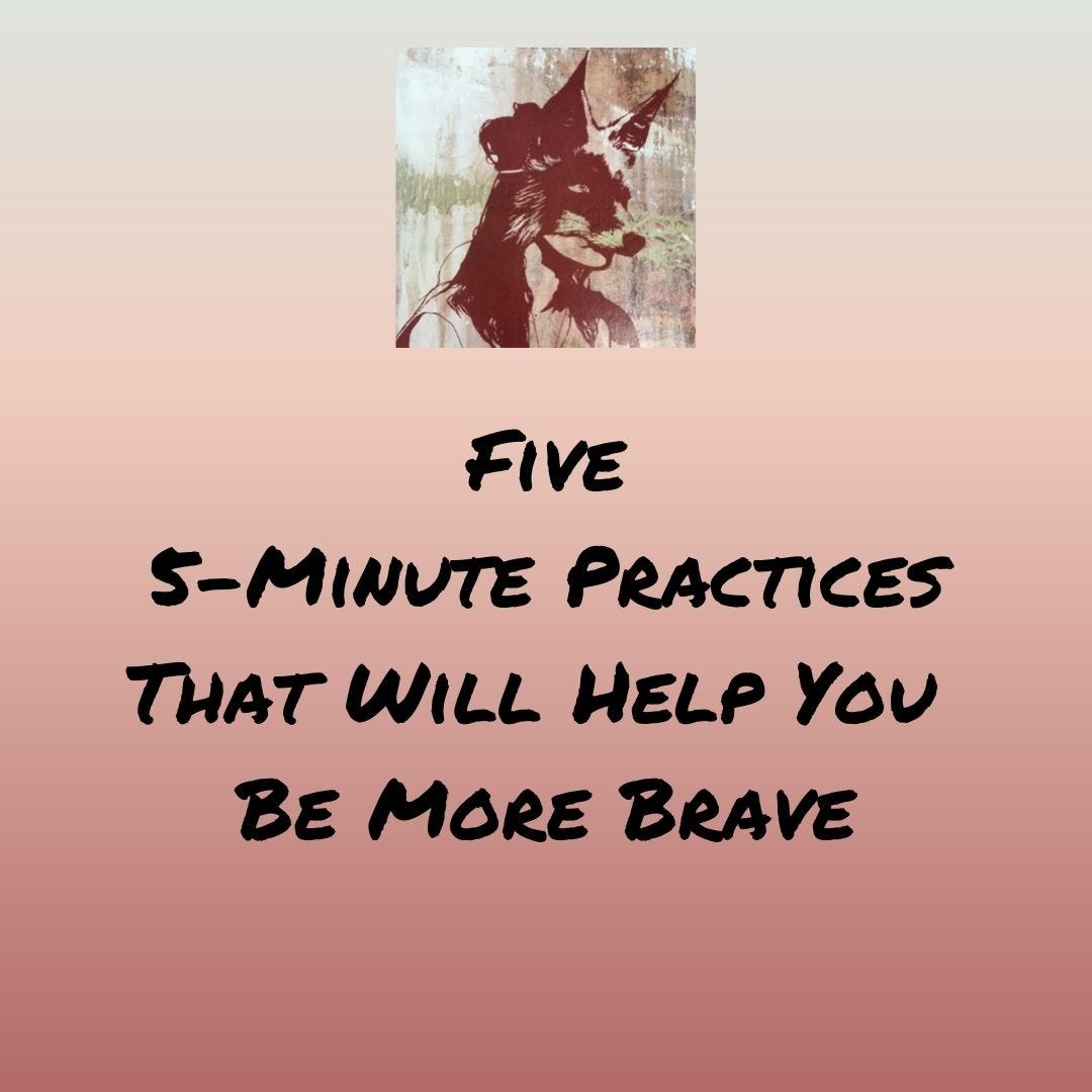 A graphic with a gradient b background in soft colors with the Be Your Own Hero logo at the top, a drawing of the head of a girl wearing a realistic fox mask. Below the log in bold text is the wording: Five 5-Minute Practices That Will Help You Be More Brave