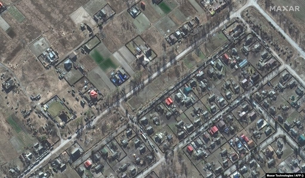 A large deployment of ground forces in and around the town of Zdvyzhivka, near Kyiv, on February 28.