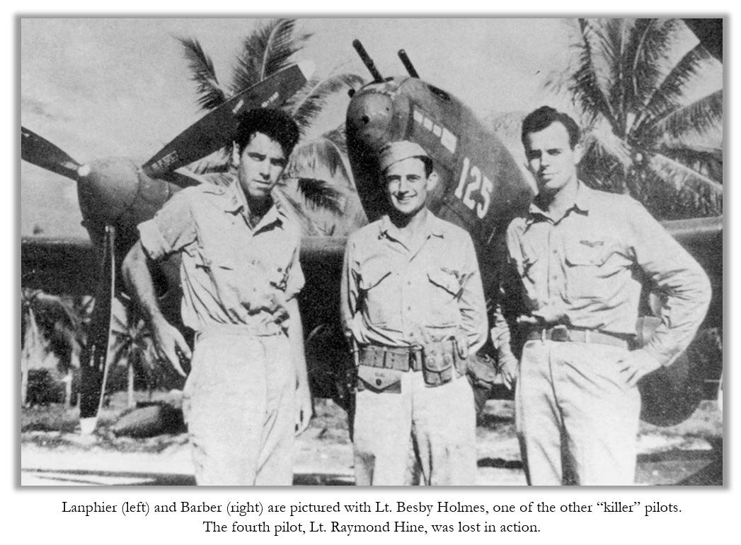 Lanphier (left) and Barber (right) are pictured with Lt. Besby Holmes, one of the other “killer” pilots. The fourth pilot, Lt. Raymond Hine, was lost in action.