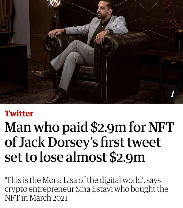 Headline from a Reuters article syndicated by The Guardian:
Man who paid $2.9m for NFT of Jack Dorsey’s first tweet set to lose almost $2.9m