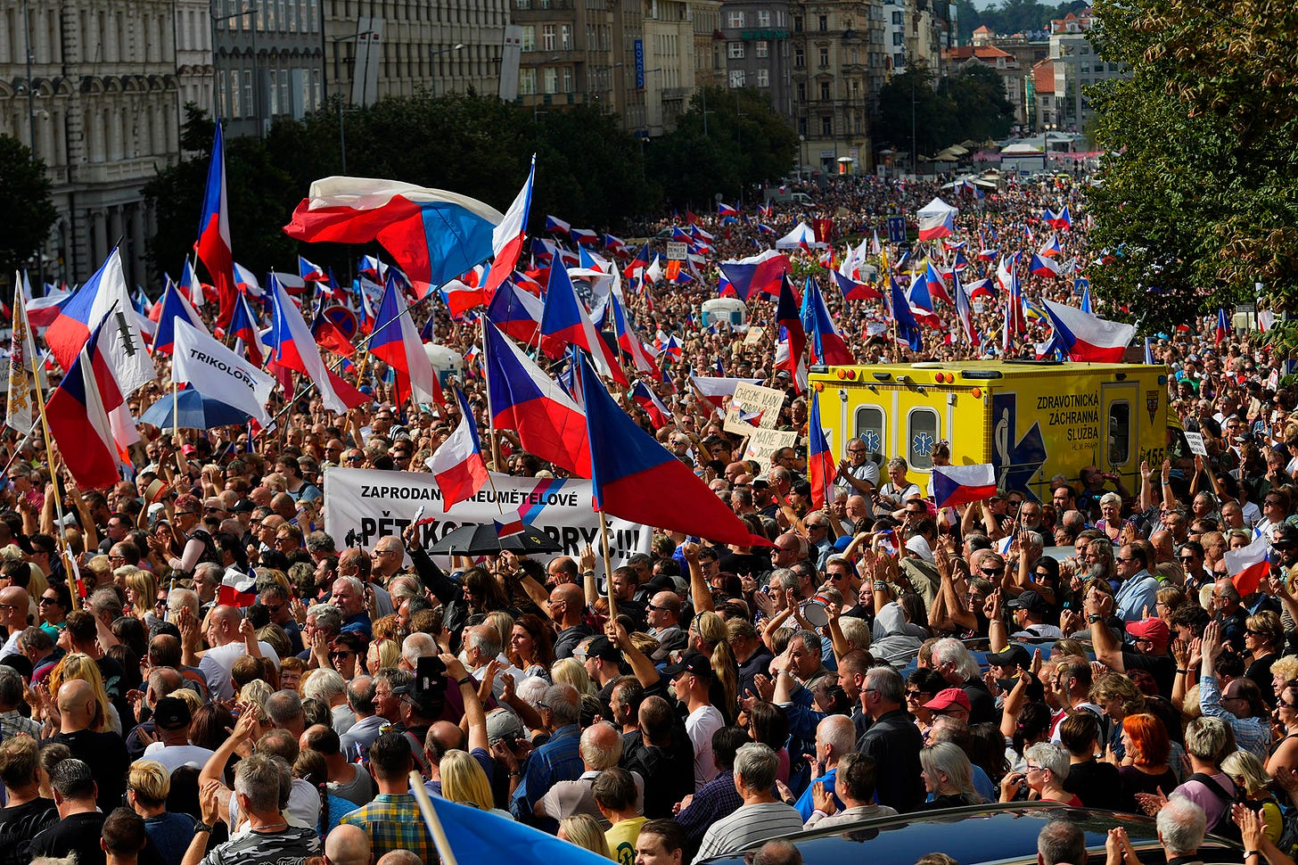 Demonstrators gather to protest against the government in Prague, Sept. 3.