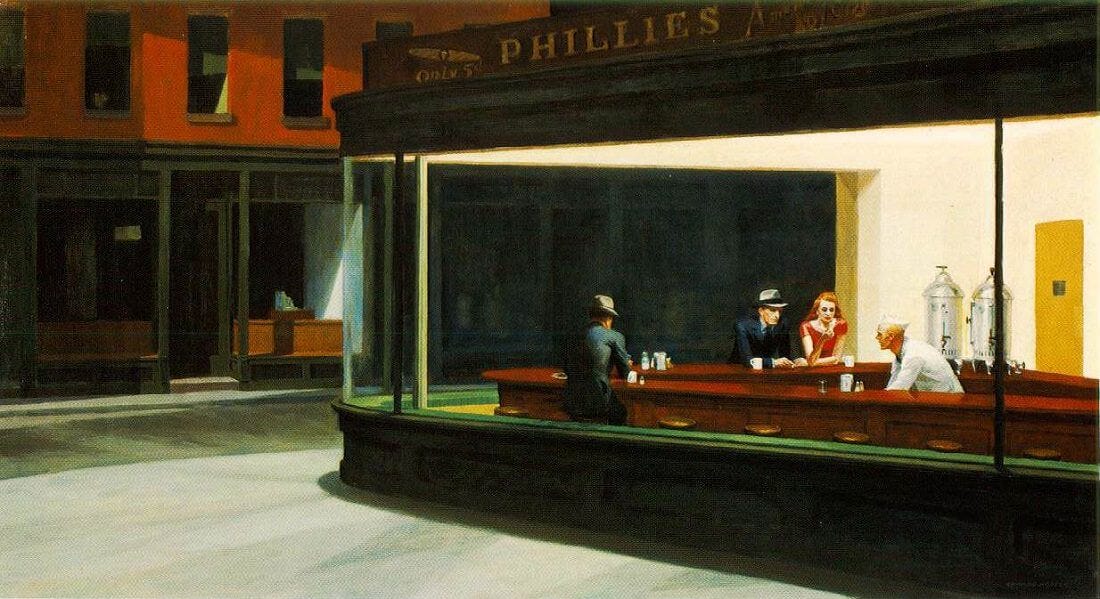Edward Hopper's painting of a couple of people drinking in an unpopulated diner.