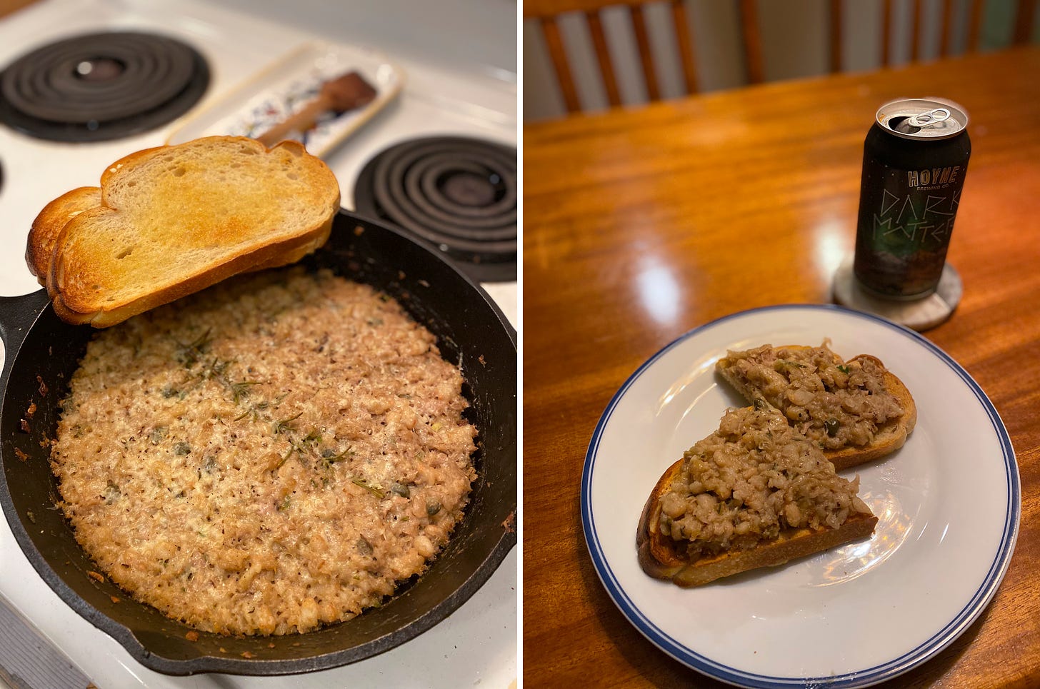 Left image: a cast iron pan of baked white beans & tuna with cheese on top. A sprig of rosemary is nestled in the centre. Two slices of toast rest at the edge of the pan. Right image: a plate with a slice of toast, halved, with the beans on top. Behind it on a coaster is a black and green can of beer, labelled "Dark Matter".