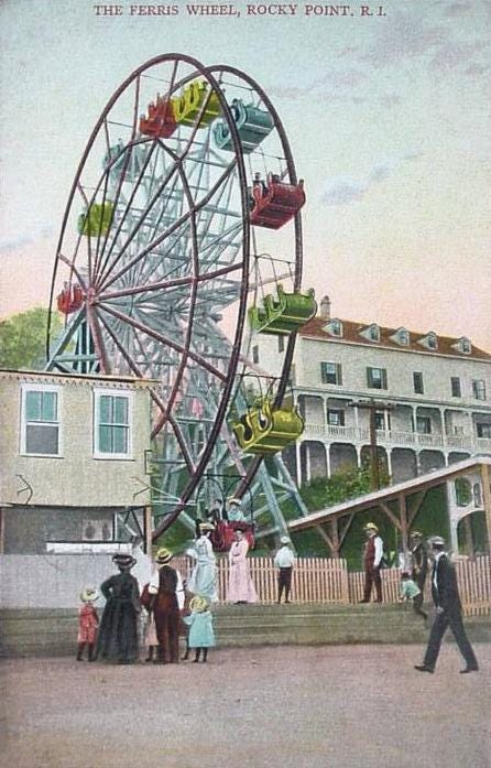Colorful drawing of a Ferris wheel on a 1912 postcard