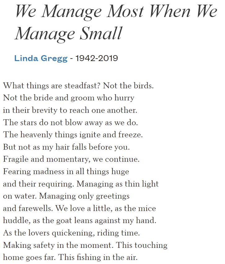 Poem by Linda Gregg, "We Manage Most When We Manage Small." Text reads: "What things are steadfast? Not the birds. Not the bride and groom who hurry in their brevity to reach one another. The stars do not blow away as we do. The heavenly things ignite and freeze. But not as my hair falls before you. Fragile and momentary, we continue. Fearing madness in all things huge and their requiring. Managing as thin light on water. Managing only greetings and farewells. We love a little, as the mice huddle, as the goat leans against my hand. As the lovers quickening, riding time. Making safety in the moment. This touching home goes far. This fishing in the air."