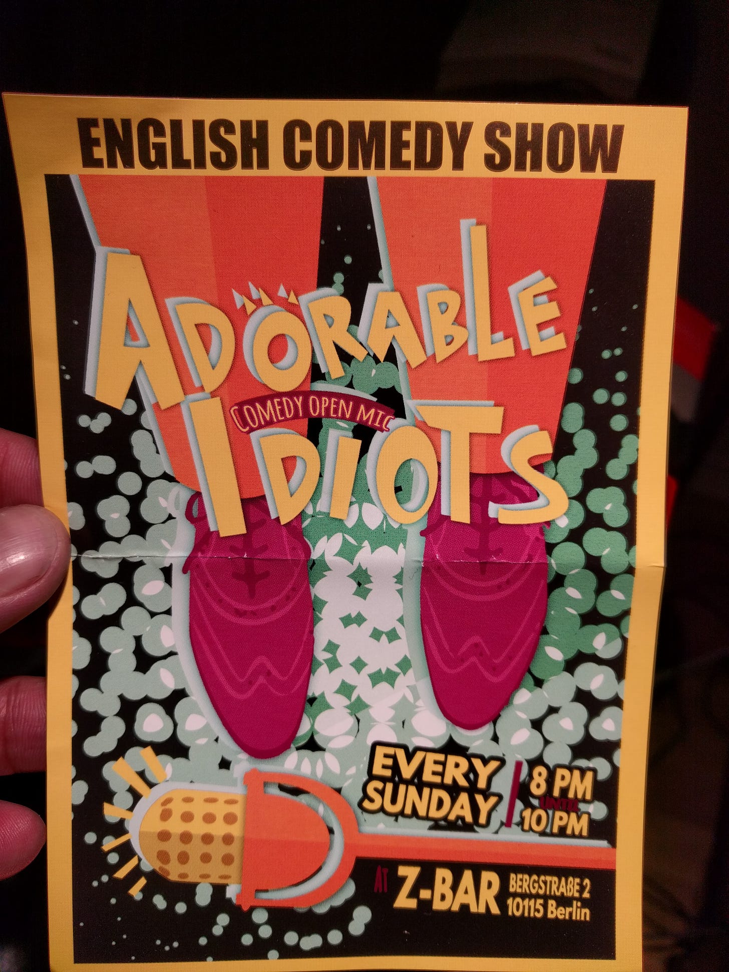 A flyer for an English Comedy night in Berlin, called "Adorable Idiots"