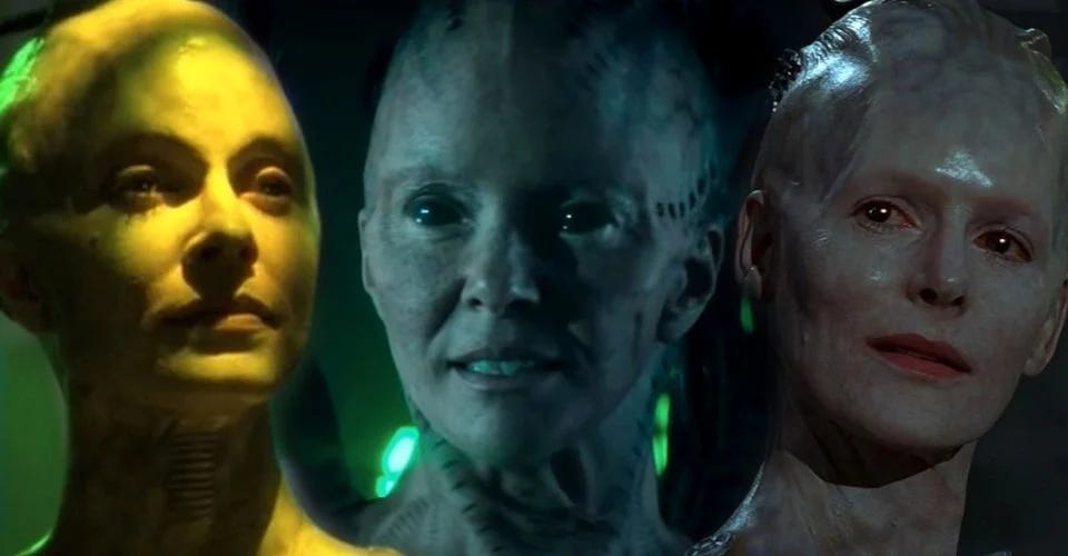 This triptych shows the Star Trek franchise's three Borg Queens (from left to right: Susanna Thompson, Annie Wersching, and Alice Krige). This triptych shows the Star Trek franchise's three Borg Queens (from left to right: Susanna Thompson, Annie Wersching, and Alice Krige).