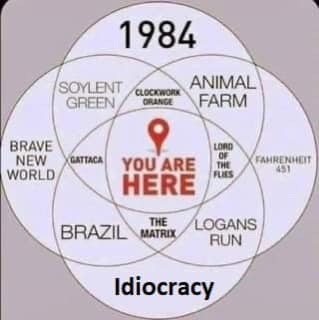 May be an image of text that says '1984 SOYLENT CLOCKWORK ANIMAL GREEN ORANGE FARM BRAVE NEW WORLD GATTACA LORD THE FLIES YOU ARE HERE FAHRENHEIT BRAZIL THE MATRIX LOGANS RUN Idiocracy'