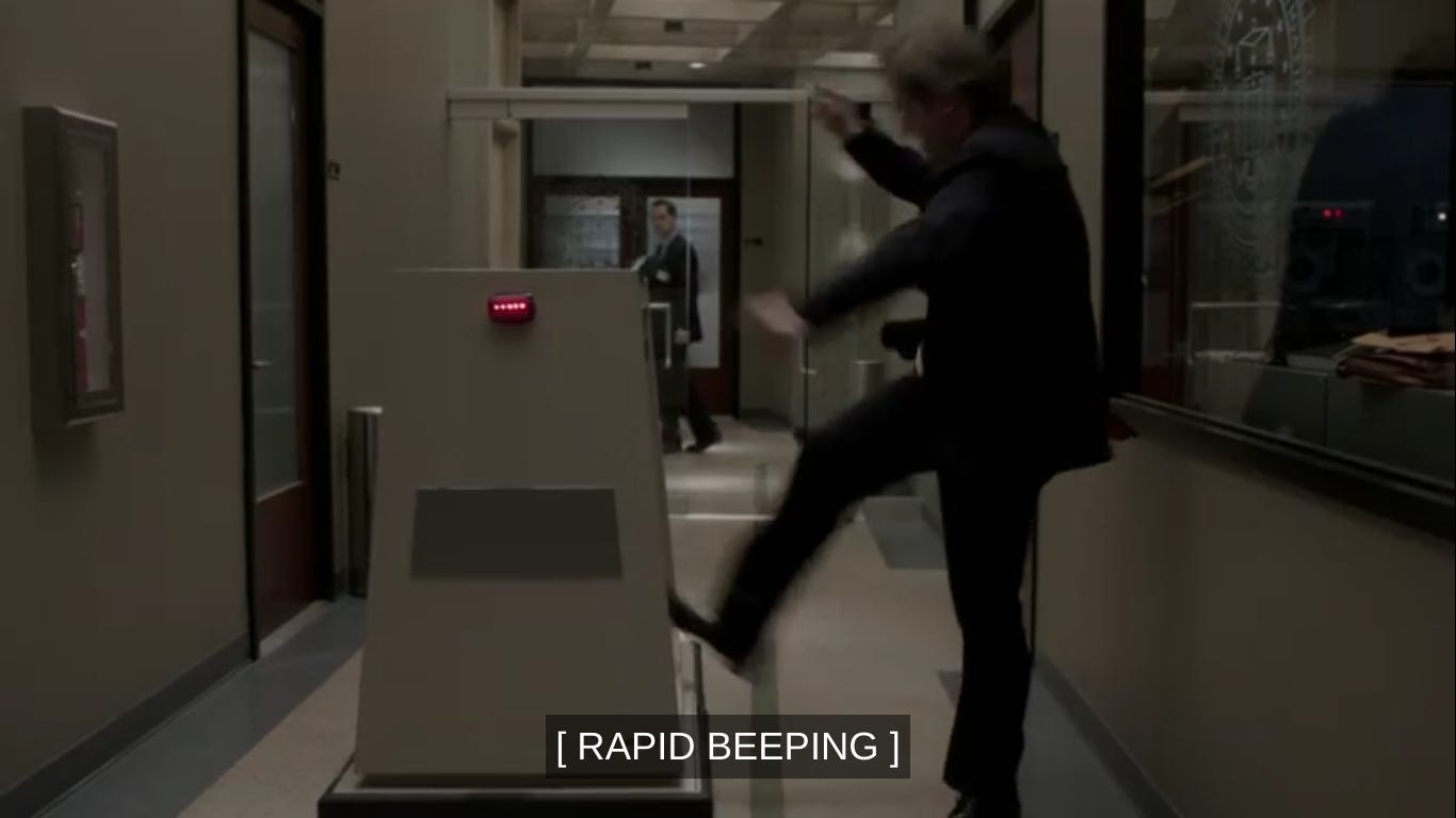 Gaad kicking the mail robot with the caption [Rapid beeping]