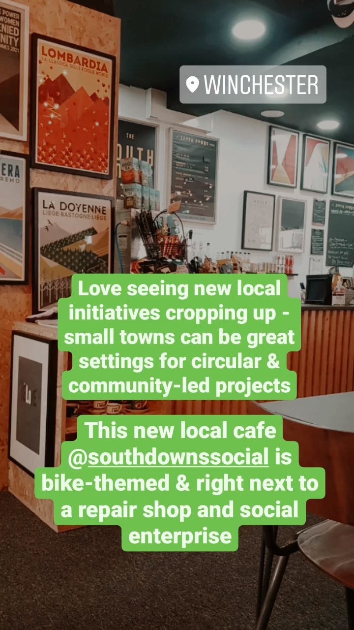 Instagram story screenshot of a bike-themed cafe with the overlaid text 'love seeing new local initiatives cropping up - small towns can be great settings for circular & sustainable initiatives.'