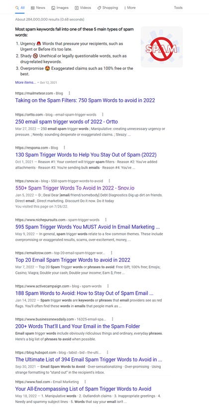 whole list of articles saying 250 or 130 or 550+ or another ridiculous number of words will make your email go into the spam folder.