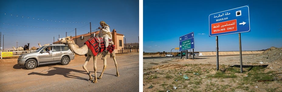 2 photos: A man rides a camel next to a man driving a dusty silver SUV with a corral of camels behind them; street signs that include "Muslims Only" in a field of grass