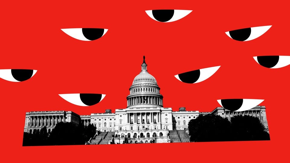 A photo illustration featuring the U.S. Capitol against a red backdrop, and large distrustful eyes in the sky