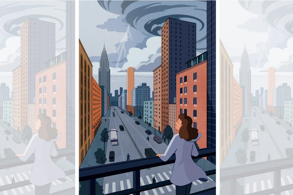 Cartoonized woman on balcony looks over city street while large twister hovers overhead.
