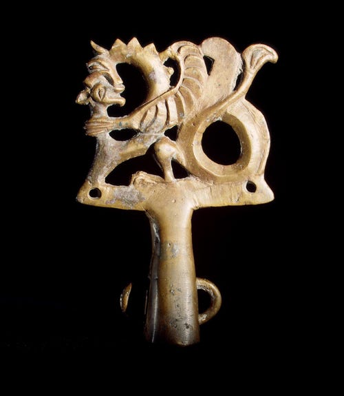 Finial: Griffin Fighting a Beast of Prey; Created: Scythian Culture. Late 4th century BC; Found: Krasnokutsky Barrow. The Lower Reaches of the Dnieper, Tomakovsky DistrictThis object refers to a group of cast bronze finials characteristic of the [ro…