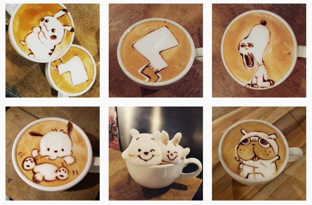 More fun 2D and 3D latte art that  @george_10g  has shared. The extension of Pickachu’s tail into a smaller cup is cute!