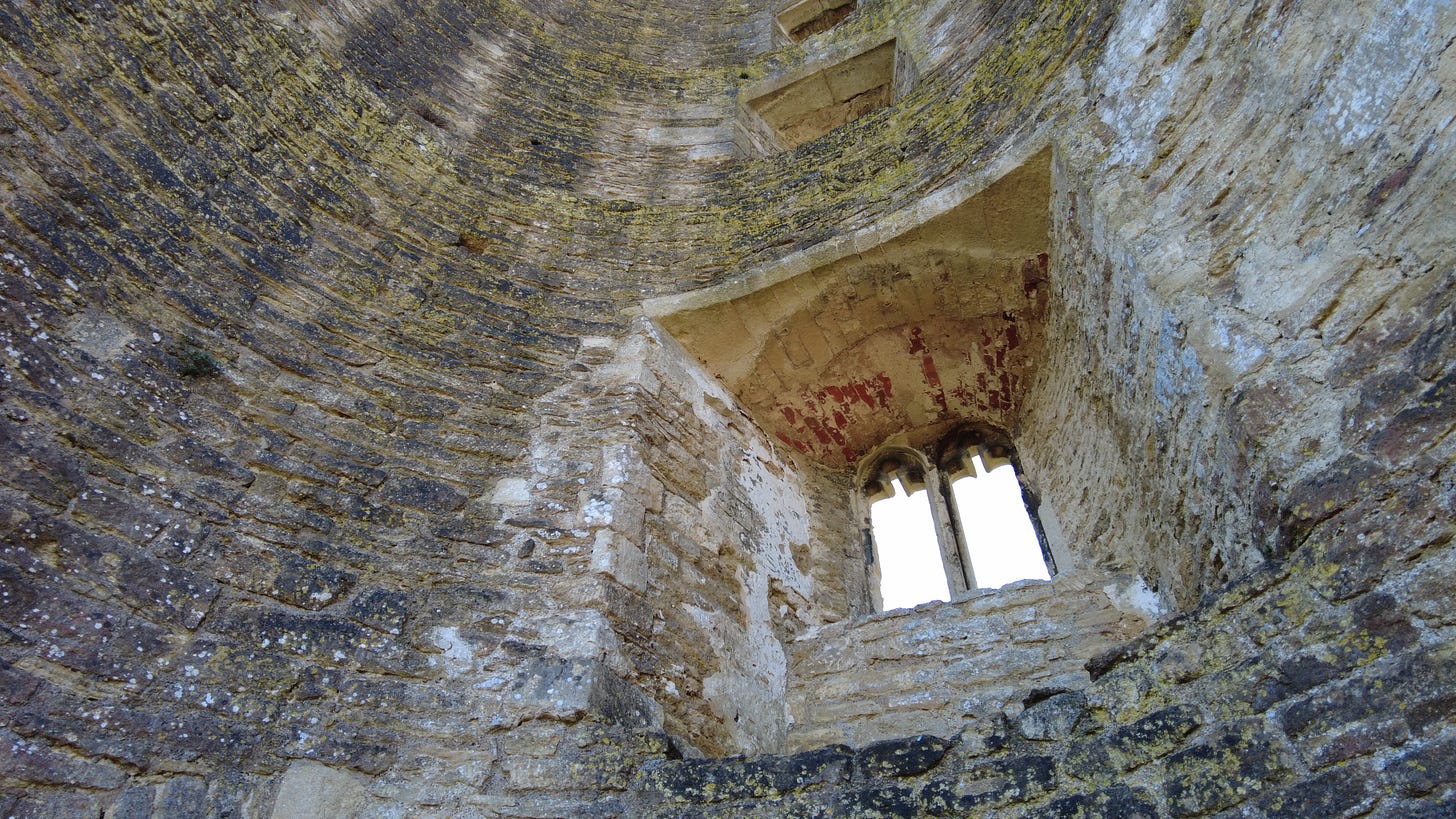 Looking up inside one of the towers of Farleigh Hungerford Castle.