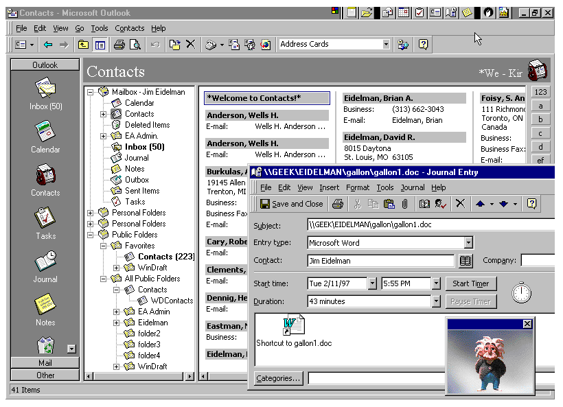 View of the Outlook 97 product showing contacts, mail messages, the Office Assistant and more.