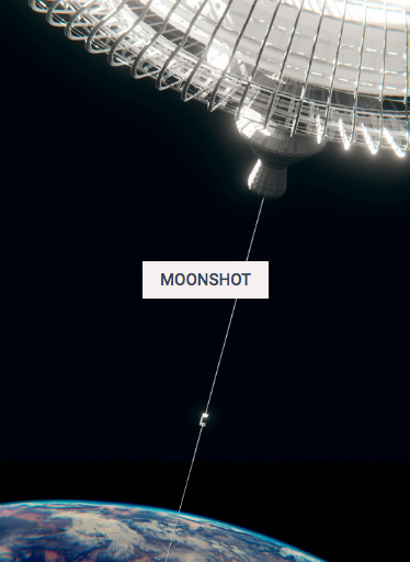 earth in the bottom left, with a space elevator reaching up to a space station in the upper right. against black space, text says Moonshot