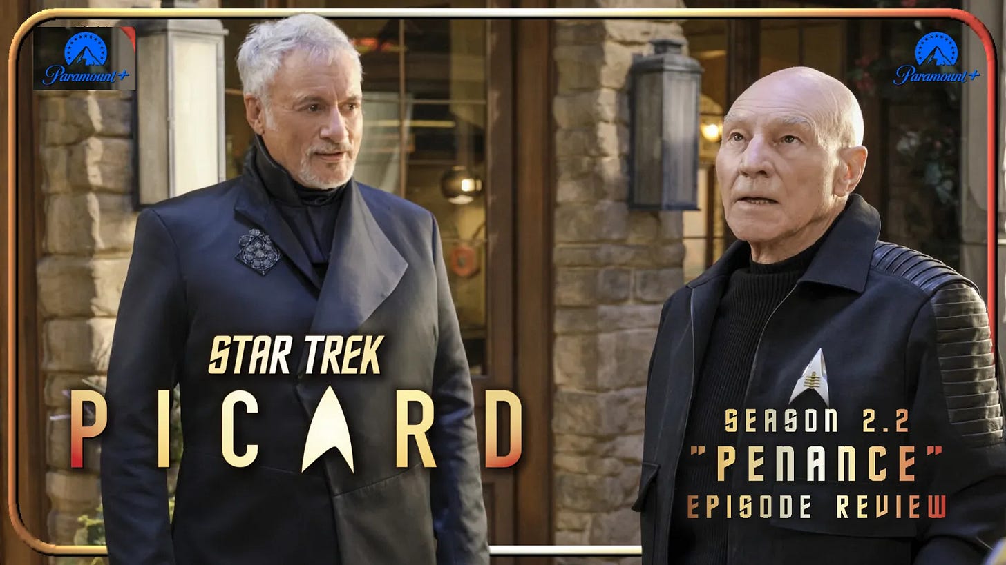 This image shows the characters of Q (played by John de Lancie) and Jean-Luc Picard (played by Patrick Stewart) near the beginning of "Penance," the second episode of Star Trek: Picard's second season. Picard & Q stand on Château Picard's terrace, with Picard looking towards the sky while Q speaks to him. The series title and the words "Season 2.2 'Penance' Episode Review" are visible in this image's lower half.