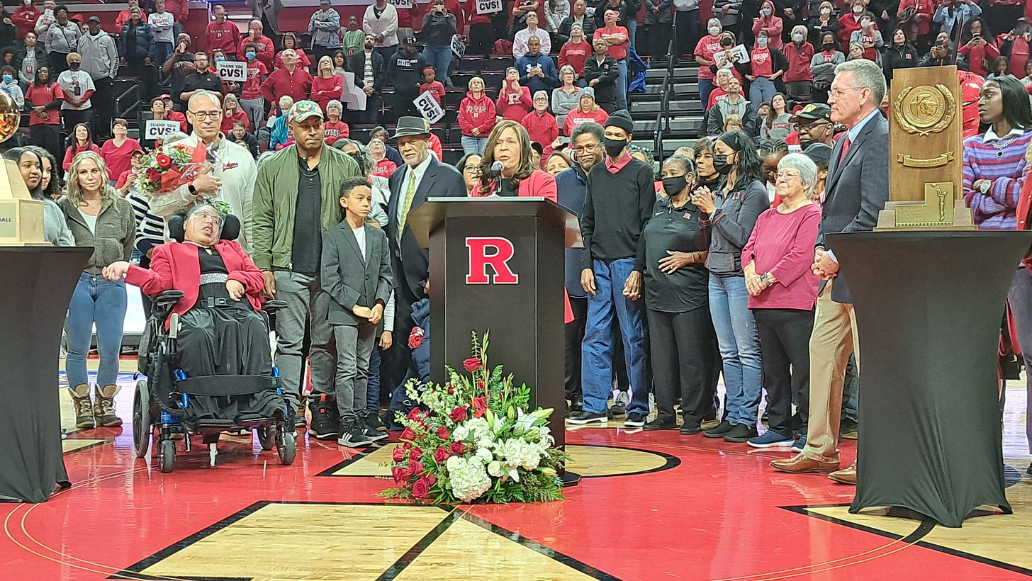 Former Rutgers women’s basketball coach C. Vivian Stringer (center) speaks after the court at Jersey Mike’s Arena is named in her honor on Dec. 4, 2022. (Photo by Adam Zielonka)