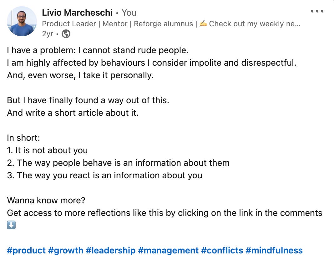 Screenshot of the LinkedIn post linking to the article titled "People are rude, don't take it personally"