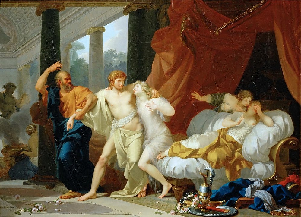 An old bearded man in robes drags a young man in almost no clothing out of a rumpled bed while a mostly naked woman tries to drag the young man back. There are two other women in states of partial undress in the bed.