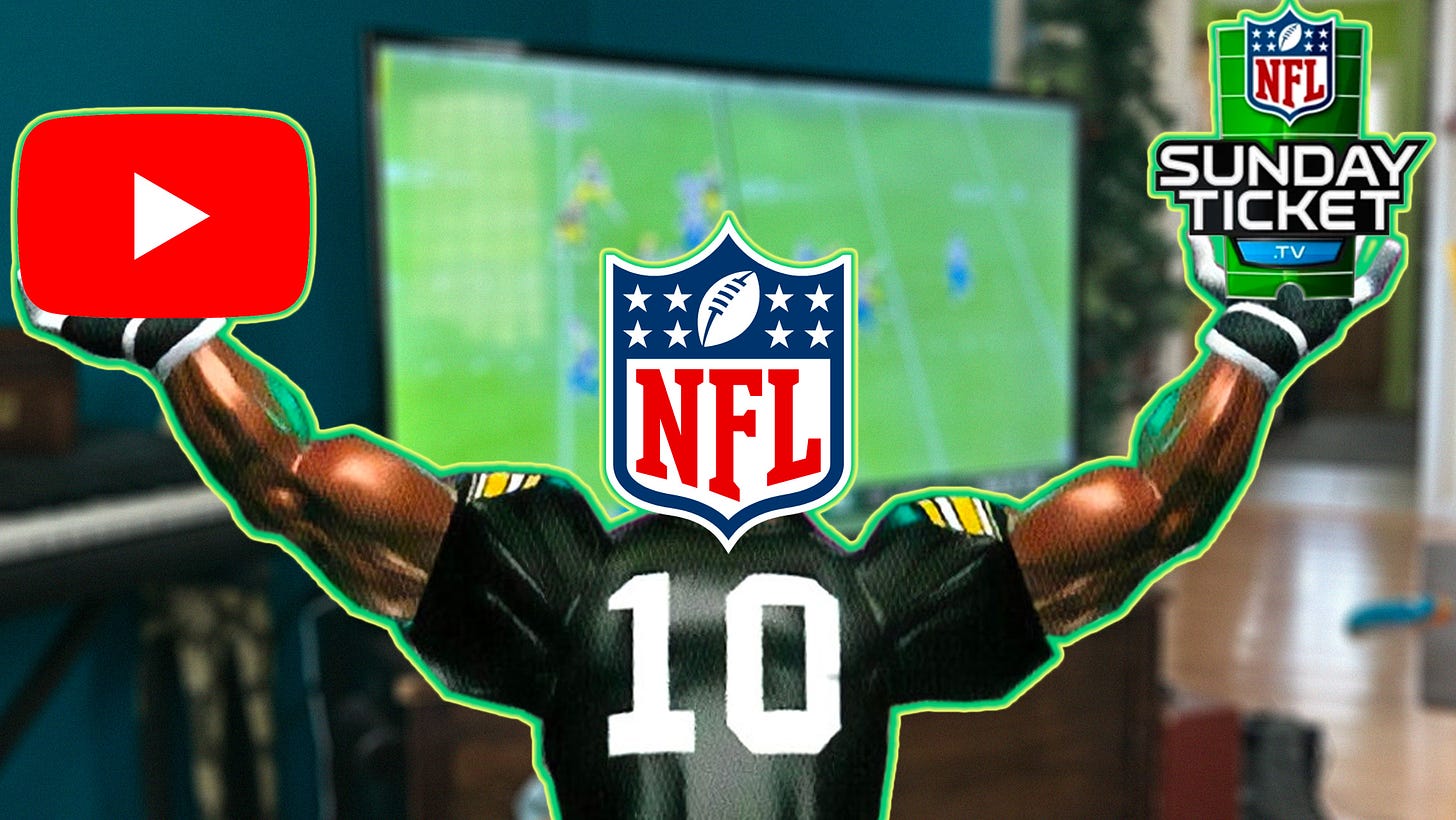Art of a football player with the NFL logo for a head holding up YouTube logo and NFL Sunday Ticket logo over a blurred background of football on a TV