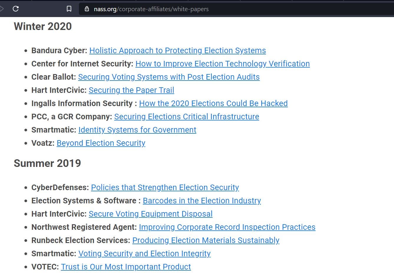 screenshot from nass, list of white papers