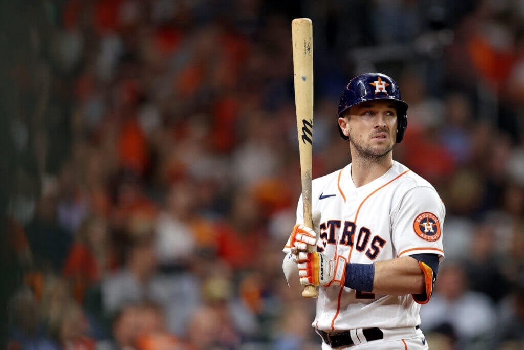 HOUSTON, TEXAS - NOVEMBER 02:  Alex Bregman #2 of the Houston Astros reacts after striking out against the Atlanta Braves during the fifth inning in Game Six of the World Series at Minute Maid Park on November 02, 2021 in Houston, Texas. (Photo by Elsa/Getty Images)