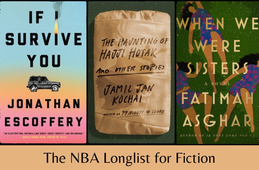 Small images of the covers of the three featured books above the text ‘The NBA Longlist for Fiction’ on a tan background.