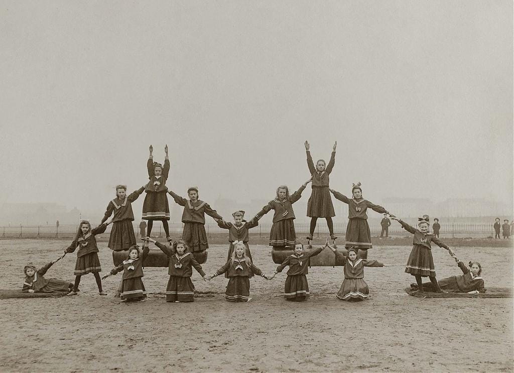Gymnastics class for schoolgirls in Hamburg, Germany, ca. 1900