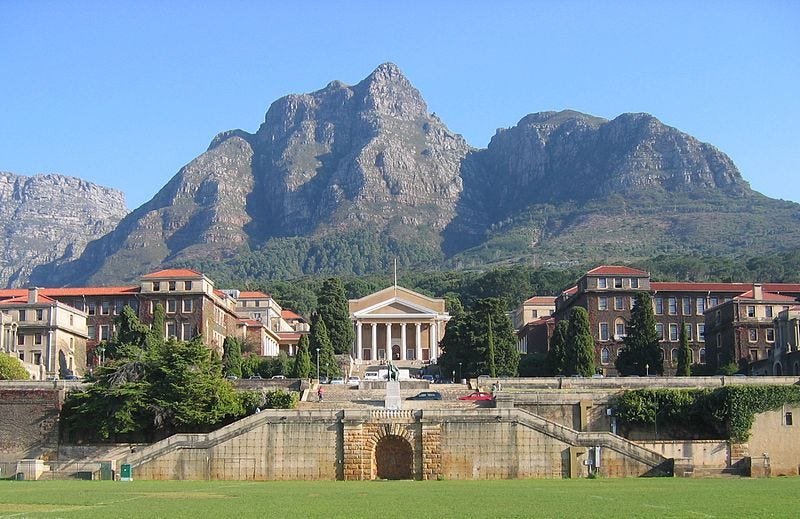 A front view of the Upper Campus of the University of Cape Town, with Devil's Peak in the background