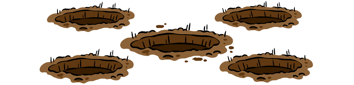 Illustration of five dug rabbit holes.