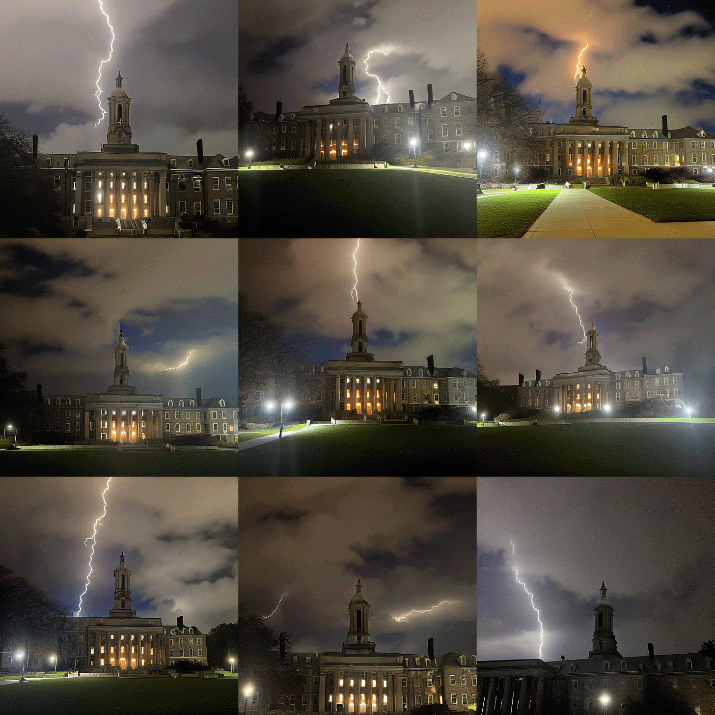 'old-main struck by lightning, lightning bolt, dark sky, bright lightning bolt'