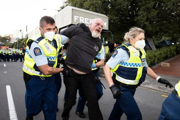 A man being arrested during a clash between the police and protesters in Wellington on Tuesday, as the demonstration has grown more violent in recent days.