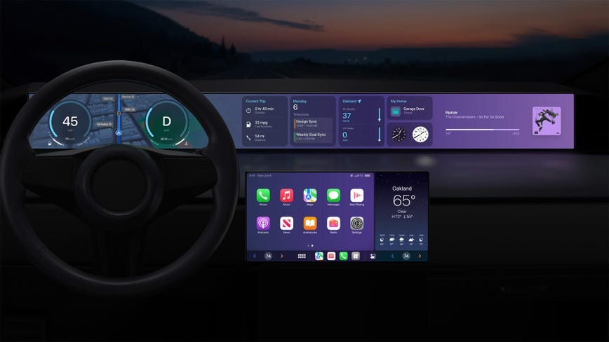 Apple CarPlay preview occupying multiple screens on a rendered dashboard