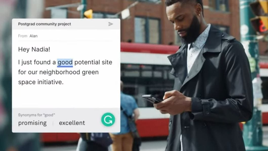 Man in leather jacket texting ‘Hey Nadia! I just found a good potential site for our neighbourhood green space initiative”. Grammarly suggests ‘promising’ and ‘excellent’ as synonyms for ‘good’. Why are you weathering a leather jacket man? Looks like a hot day in Generic American City.