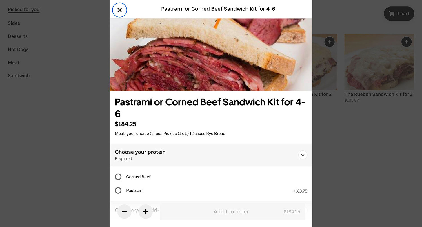 The user experience of ordering Sarge's Deli on Uber Eats does not include any info on how the product will be shipped or how it should be stored.