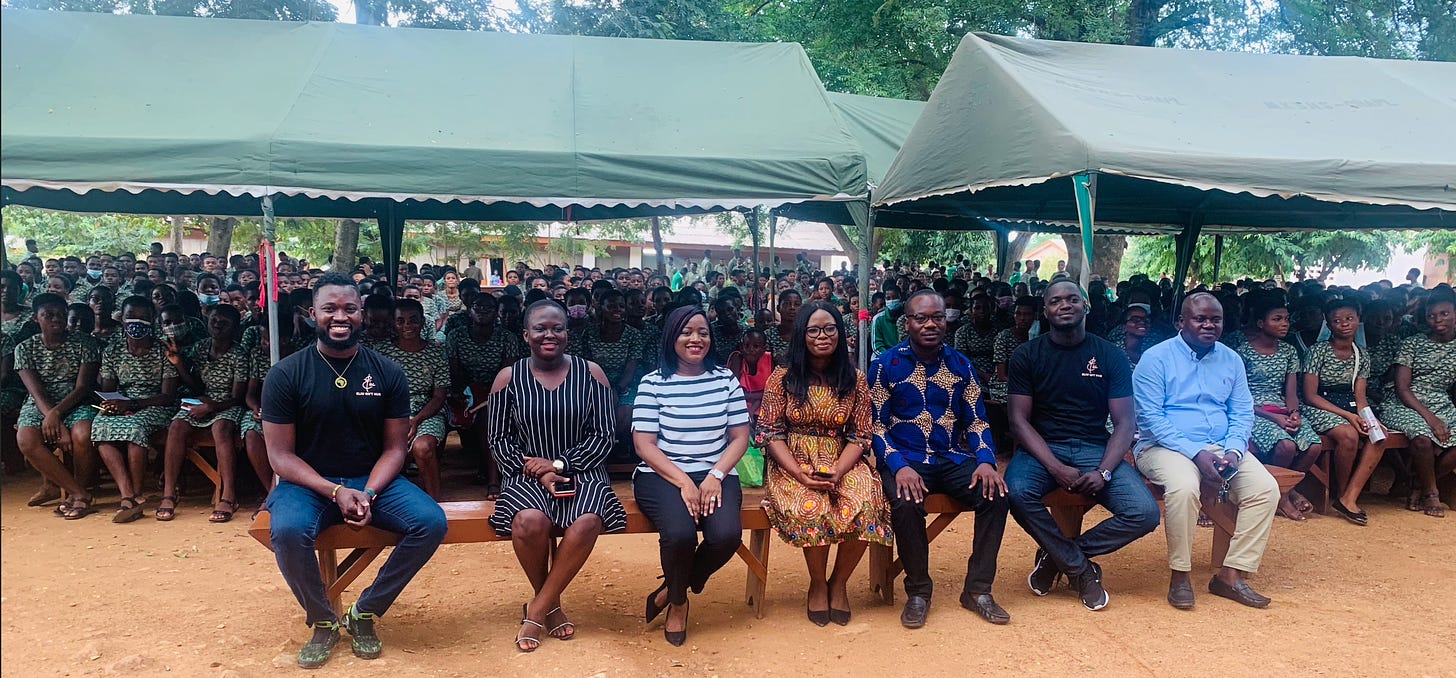 Eliu Gift Hub coordinators Emmanuel Gamor, Kwamena Williams and Benedicta Lasi visit Lower Manya Krobo High School career day on creativity and artisanal innovation