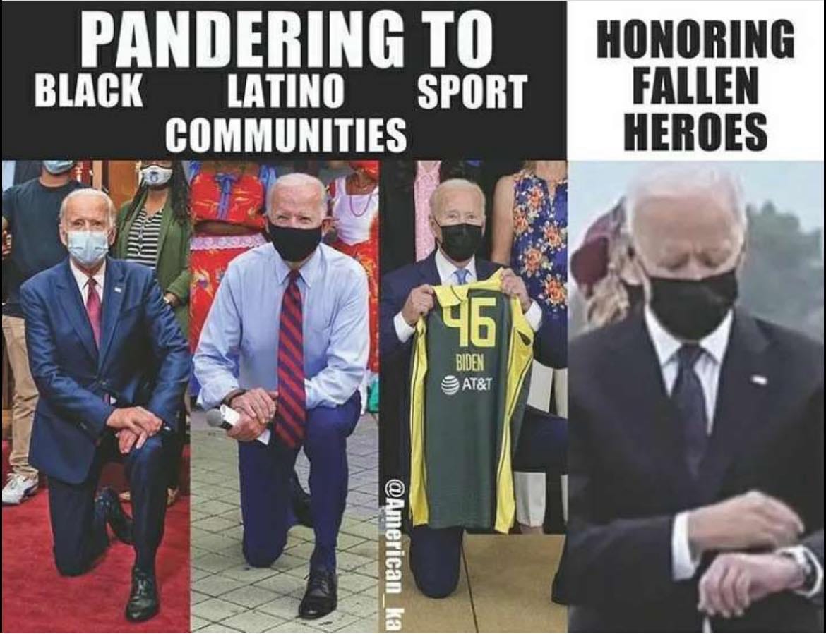 May be an image of 3 people and text that says 'PANDERING TO BLACK LATINO SPORT COMMUNITIES HONORING FALLEN HEROES 46 BIDEN AT&T AT&T @American ka'