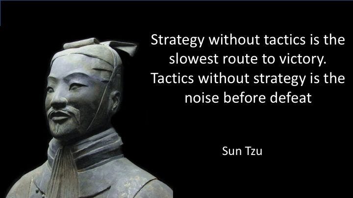 Sun Tzu: Strategy without tactics is the slowest route to victory. Tactics  without strategy is the noise before defeat. -