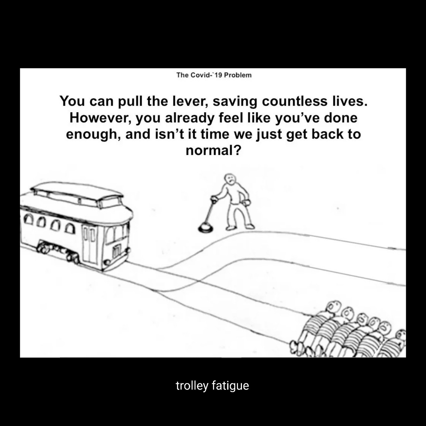 The trolley problem cartoon with the trolley heading toward six people tied to the tracks and an off-ramp track with someone holding a lever, with the caption text that says You can pull the lever saving countless lives However you already feel like you've done enough and isnt it time we just get back to normal