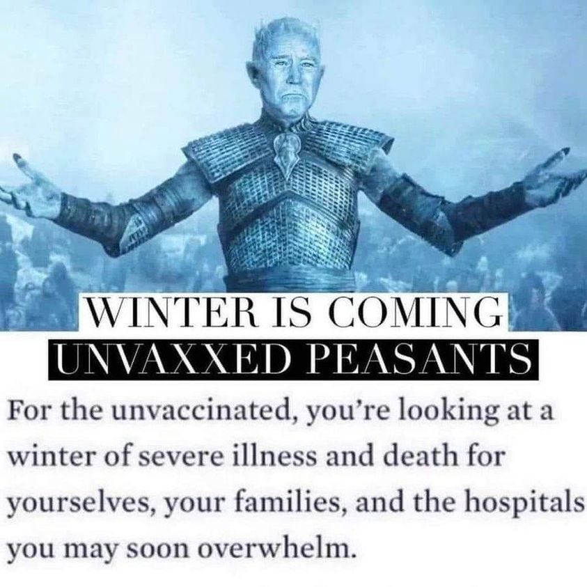 May be an image of 1 person and text that says 'WINTER IS COMING UNVAXXED PE AS ANTS For the unvaccinated, you're looking at a winter of severe illness and death for yourselves, your families, and the hospitals you may soon overwhelm.'