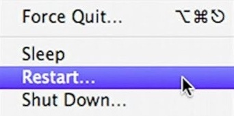 Picture of an Apple drop down menu with Force Quit, Sleep, Restart, and Shut Down options, with Restart highlighted in purple