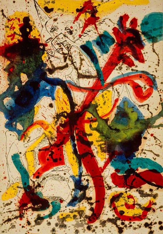 Untitle multicolored Jackson Pollock from the 40s.  Abstract. Cubist clown facewith splatters