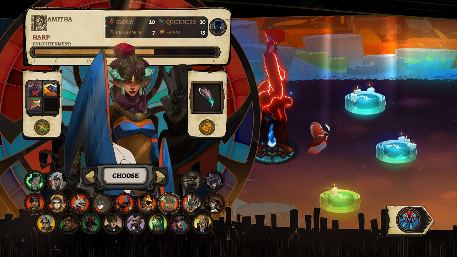 The character selection screen from Pyre
