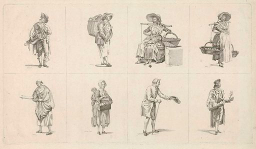 Men and women with different professions. Origin: Zeeland. Date: 1769 – 1789. Object ID: RP-P-1878-A-1377.