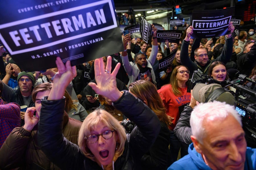 Supporters cheer during an election night event for Democratic Senate candidate John Fetterman on Nov. 9, 2022 in Pittsburgh. Fetterman defeated Republican Senate candidate Dr. Mehmet Oz.
